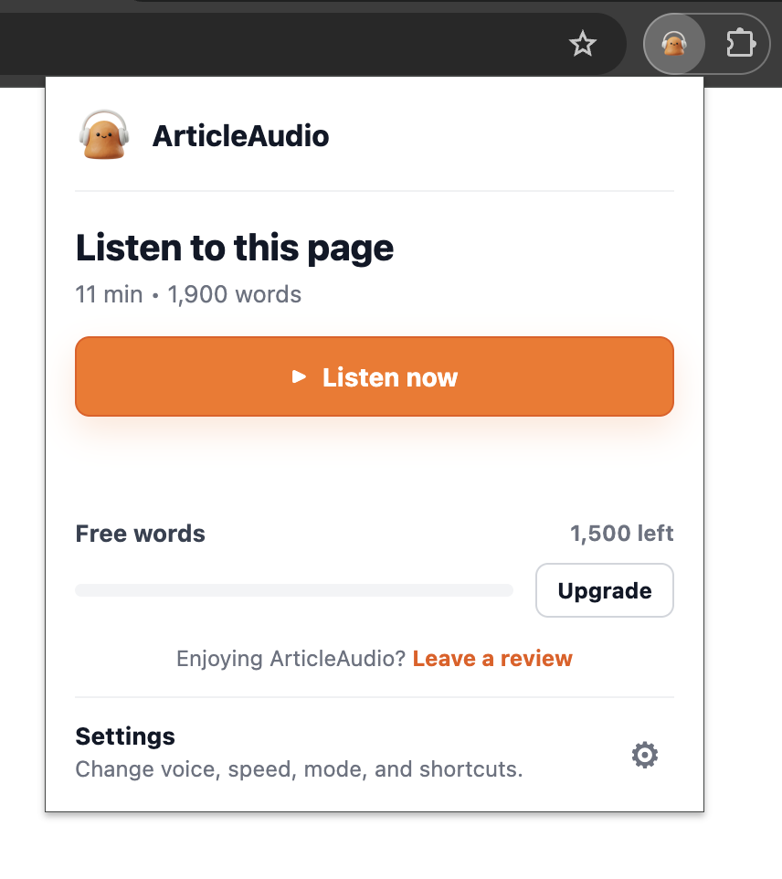 ArticleAudio popup with Listen to this page button, listening time, and word count